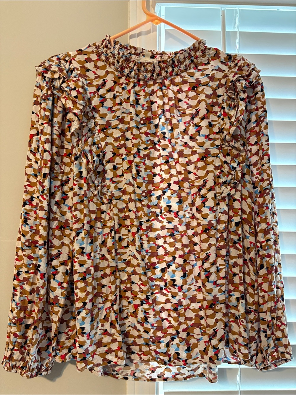 JODIFL Ruffled Smocked-Neck Blouse in Tan, White, Red & Blue
